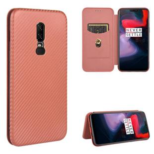 For OnePlus 6 Carbon Fiber Texture Horizontal Flip TPU + PC + PU Leather Case with Card Slot(Brown)