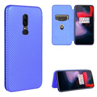 For OnePlus 6 Carbon Fiber Texture Horizontal Flip TPU + PC + PU Leather Case with Card Slot(Blue)