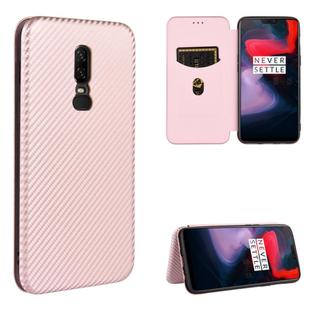 For OnePlus 6 Carbon Fiber Texture Horizontal Flip TPU + PC + PU Leather Case with Card Slot(Pink)