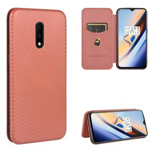 For OnePlus 7 Carbon Fiber Texture Horizontal Flip TPU + PC + PU Leather Case with Card Slot(Brown)