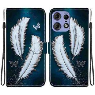 For Motorola Edge 50 Pro Crystal Texture Colored Drawing Leather Phone Case(White Butterfly Feathers)