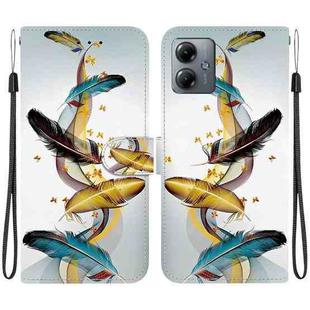 For Motorola Moto G14 Crystal Texture Colored Drawing Leather Phone Case(Gold Butterfly Feathers)