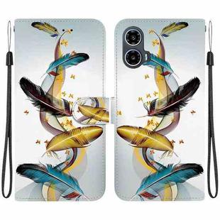 For Motorola Moto G34 5G Crystal Texture Colored Drawing Leather Phone Case(Gold Butterfly Feathers)