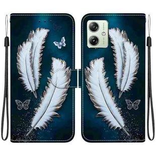 For Motorola Moto G54 Crystal Texture Colored Drawing Leather Phone Case(White Butterfly Feathers)