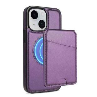 For iPhone 15 Skin Feel Detachable Card Bag Magsafe Phone Case(Purple)