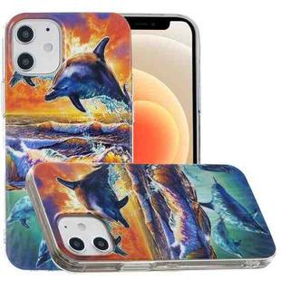 For iPhone 12 mini Painted Pattern TPU Protective Case(Sunset Dolphin)
