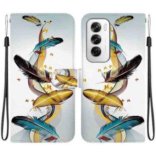 For OPPO Reno12 5G Global Crystal Texture Colored Drawing Leather Phone Case(Gold Butterfly Feathers)