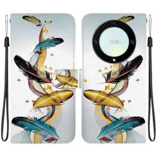 For Honor X9a Crystal Texture Colored Drawing Leather Phone Case(Gold Butterfly Feathers)