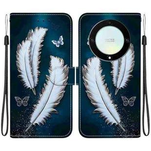 For Honor X9a Crystal Texture Colored Drawing Leather Phone Case(White Butterfly Feathers)