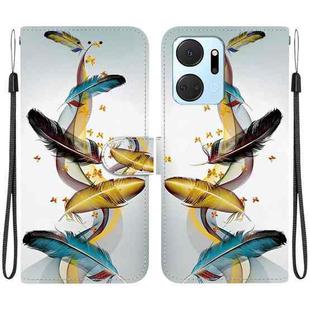 For Honor X7a Crystal Texture Colored Drawing Leather Phone Case(Gold Butterfly Feathers)