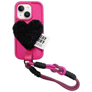 For iPhone 14 Plus Creative Plush Heart Design Phone Case with Lanyard(Rose Red)