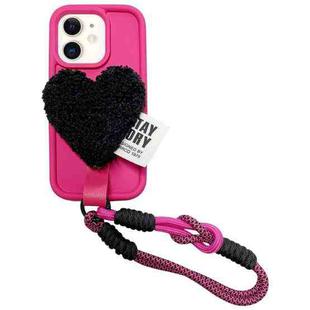 For iPhone 12 Creative Plush Heart Design Phone Case with Lanyard(Rose Red)