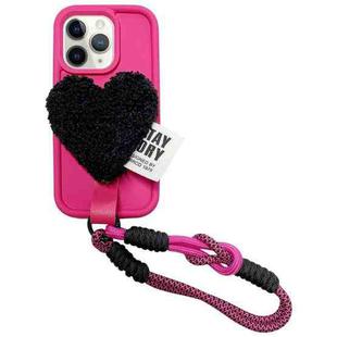 For iPhone 11 Pro Max Creative Plush Heart Design Phone Case with Lanyard(Rose Red)