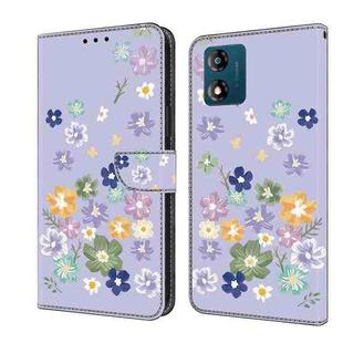 For Motorola Moto E13 Fresh Painted Leather Phone Case(Purple Floral)