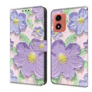 For Motorola Moto E14 Fresh Painted Leather Phone Case(Oil Painting Purple Flowers)