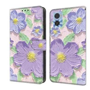 For Motorola Moto E22 Fresh Painted Leather Phone Case(Oil Painting Purple Flowers)