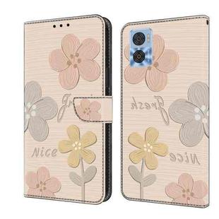 For Motorola Moto E22 Fresh Painted Leather Phone Case(Beige Flowers)