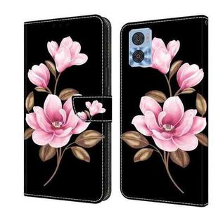 For Motorola Moto E22 Fresh Painted Leather Phone Case(Black Flowers)