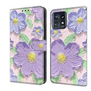 For Motorola Edge+ 2023 Fresh Painted Leather Phone Case(Oil Painting Purple Flowers)