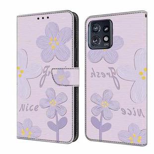 For Motorola Edge+ 2023 Fresh Painted Leather Phone Case(Dark Purple Flowers)