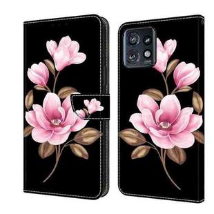 For Motorola Edge+ 2023 Fresh Painted Leather Phone Case(Black Flowers)