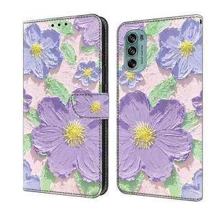 For Motorola Moto G62 5G Fresh Painted Leather Phone Case(Oil Painting Purple Flowers)