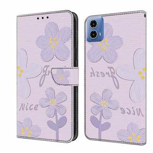 For Motorola Moto G34 Fresh Painted Leather Phone Case(Dark Purple Flowers)