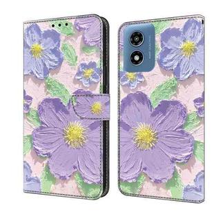 For Motorola Moto G Play 2024 Fresh Painted Leather Phone Case(Oil Painting Purple Flowers)