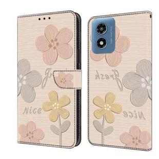 For Motorola Moto G Play 2024 Fresh Painted Leather Phone Case(Beige Flowers)