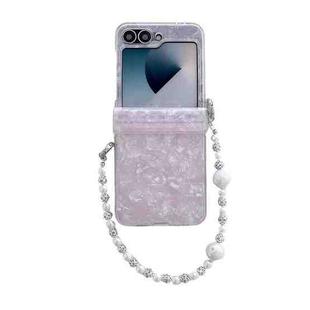 For Samsung Galaxy Z Flip5 Three Parts Pearlescent Shell Texture Phone Case with Bracelet(Pink)