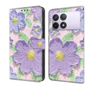 For Redmi K70E Fresh Painted Leather Phone Case(Oil Painting Purple Flowers)