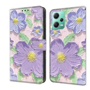 For Redmi Note 12 5G Global Fresh Painted Leather Phone Case(Oil Painting Purple Flowers)