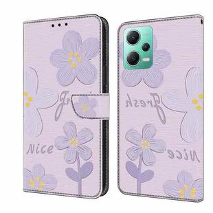 For Redmi Note 12 5G Global Fresh Painted Leather Phone Case(Dark Purple Flowers)