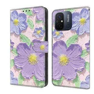 For Redmi 12C / 11A Fresh Painted Leather Phone Case(Oil Painting Purple Flowers)