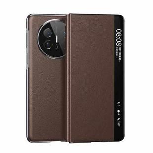 For Huawei Mate X6 Electroplating Litchi Pattern Grain Leather Smart Window MagSafe Phone Leather Case(Coffee)