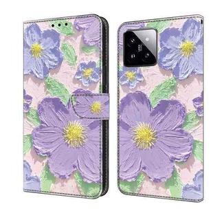 For Xiaomi 14 Fresh Painted Leather Phone Case(Oil Painting Purple Flowers)