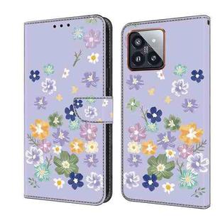 For Xiaomi 14 Pro Fresh Painted Leather Phone Case(Purple Floral)