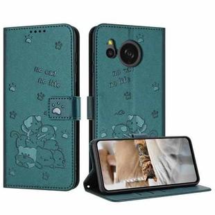 For Sharp Aquos Sense 8 Embossed Kitten Phone Leather Case with Lanyard(Dark Green)