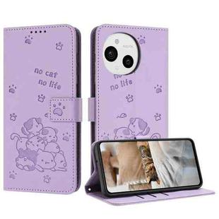 For Sharp Aquos Sense 9 Embossed Kitten Phone Leather Case with Lanyard(Purple)