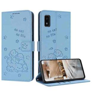 For Sharp Aquos Wish 3 Embossed Kitten Phone Leather Case with Lanyard(Blue)