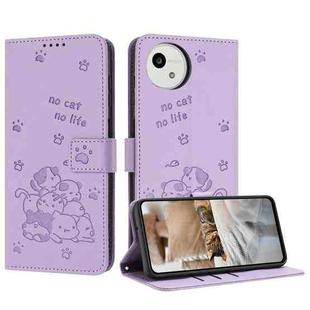 For Sharp Aquos wish5 Embossed Kitten Phone Leather Case with Lanyard(Purple)