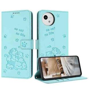 For Sharp Aquos wish5 Embossed Kitten Phone Leather Case with Lanyard(Mint Green)