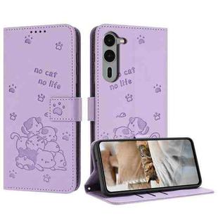 For Fujitsu Arrows We2 F-52E Embossed Kitten Phone Leather Case with Lanyard(Purple)