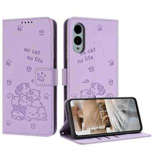 For Fujitsu Arrows We2 Plus F-51E Embossed Kitten Phone Leather Case with Lanyard(Purple)