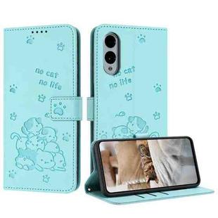 For Fujitsu Arrows We2 Plus F-51E Embossed Kitten Phone Leather Case with Lanyard(Mint Green)