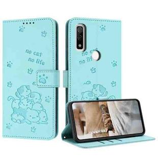 For Fujitsu Arrows We F-51B Embossed Kitten Phone Leather Case with Lanyard(Mint Green)