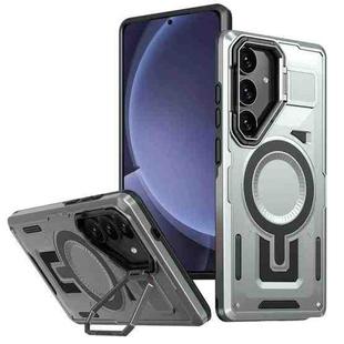 For Samsung Galaxy S25 5G Shield Hollow Frame Holder MagSafe Phone Case(Grey)