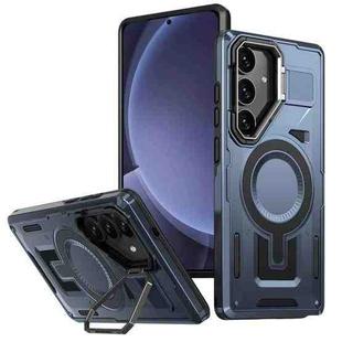 For Samsung Galaxy S25 5G Shield Hollow Frame Holder MagSafe Phone Case(Navy Blue)