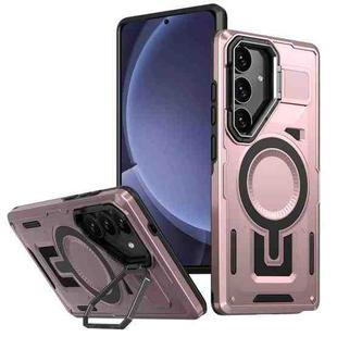 For Samsung Galaxy S25 5G Shield Hollow Frame Holder MagSafe Phone Case(Rose Gold)