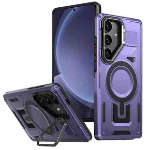 For Samsung Galaxy S25 5G Shield Hollow Frame Holder MagSafe Phone Case(Purple)